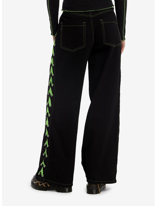 Black & Neon Green Lace-Up Wide Leg Jeans - US 2547
