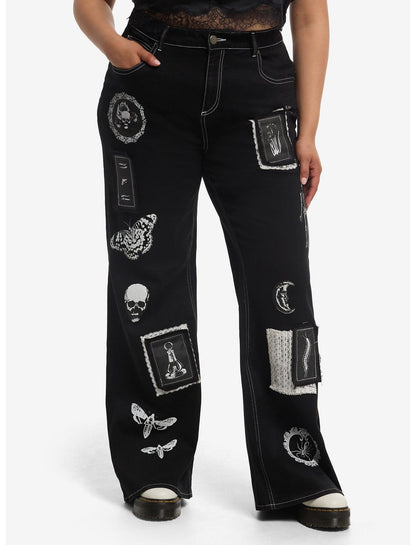 Cosmic Aura Black Gothic Patch Flare Jeans Plus Size - US 9351