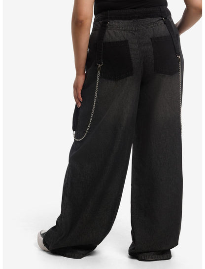 Black Cross Patch Side Chain Wide Leg Jeans Plus Size - US 2987
