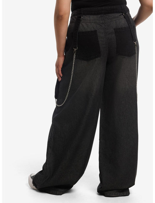 Black Cross Patch Side Chain Wide Leg Jeans Plus Size - US 2987