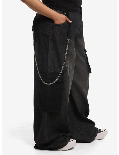 Black Cross Patch Side Chain Wide Leg Jeans Plus Size - US 2987