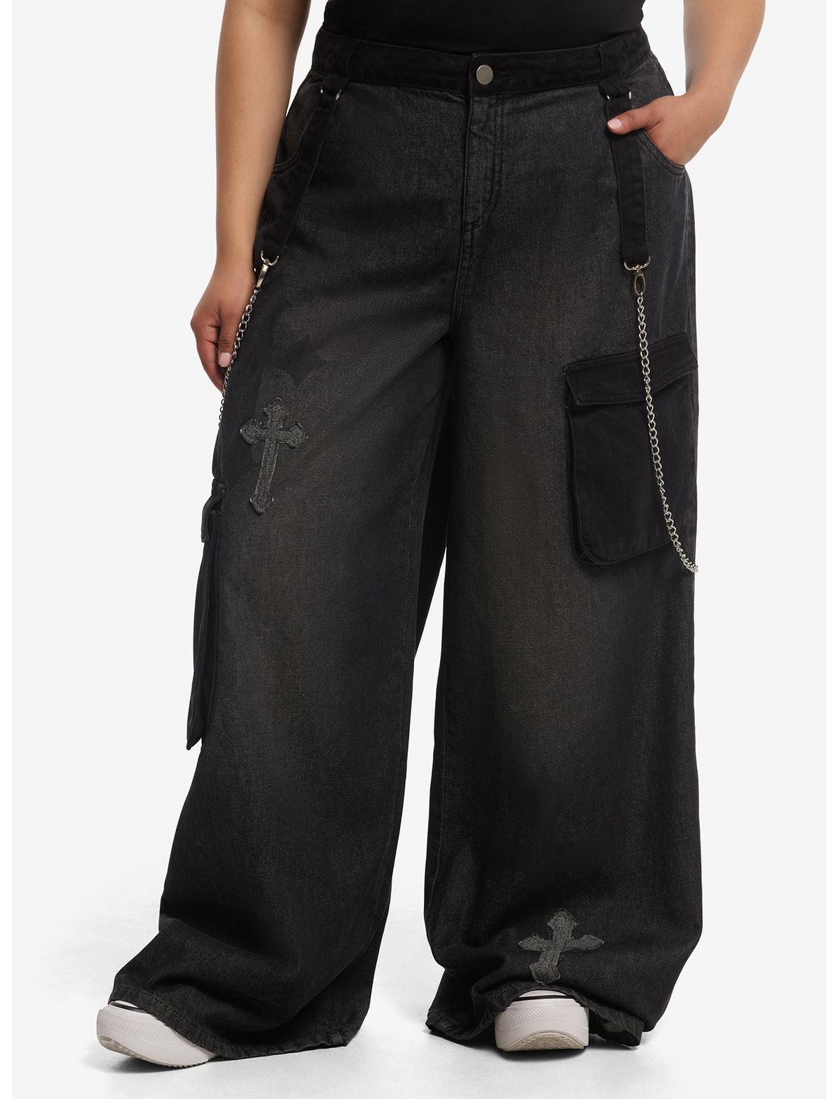 Black Cross Patch Side Chain Wide Leg Jeans Plus Size - US 2987