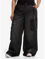 Black Cross Patch Side Chain Wide Leg Jeans Plus Size - US 2987