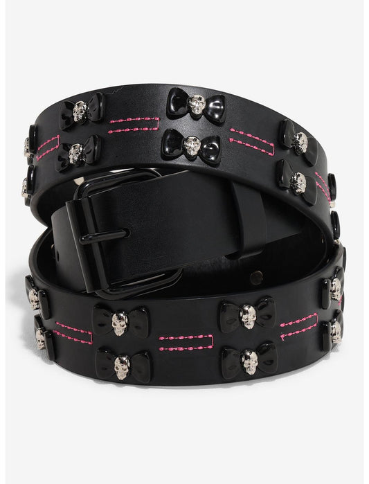 Black & Pink Skull Bow Grommet Belt - US 0208