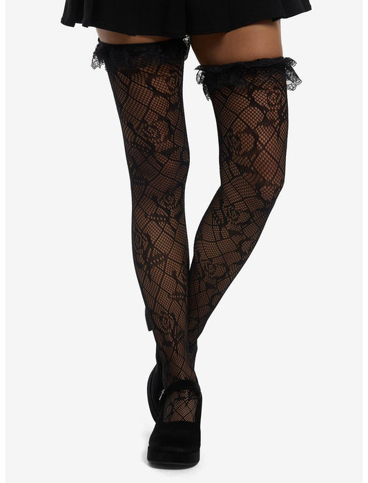 Black Rose Ruffle Fishnet Thigh Highs - US 6845