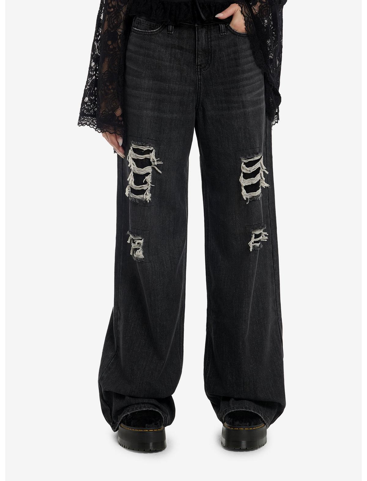 Cosmic Aura Black Lace Distressed Wide Leg Jeans - US 1118
