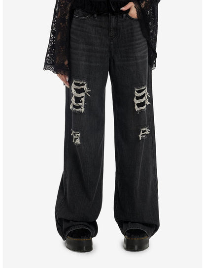Cosmic Aura Black Lace Distressed Wide Leg Jeans - US 1118