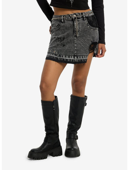 Cosmic Aura Black Destructed Belted Denim Skirt - US 4447