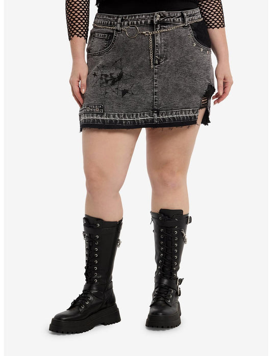 Cosmic Aura Black Destructed Belted Denim Skirt Plus Size - US 3393