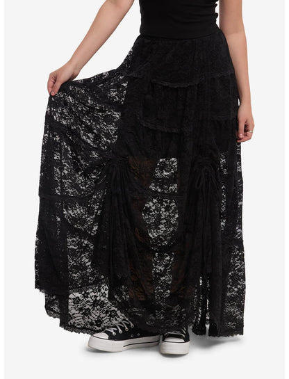 Cosmic Aura Black Lace Tiered Midi Skirt - US 8865