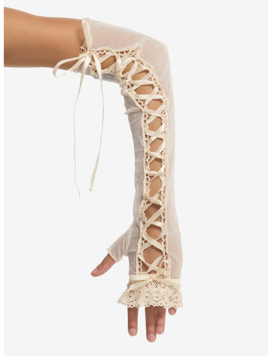 Cream Ribbon Lace-Up Arm Warmers - US 3072