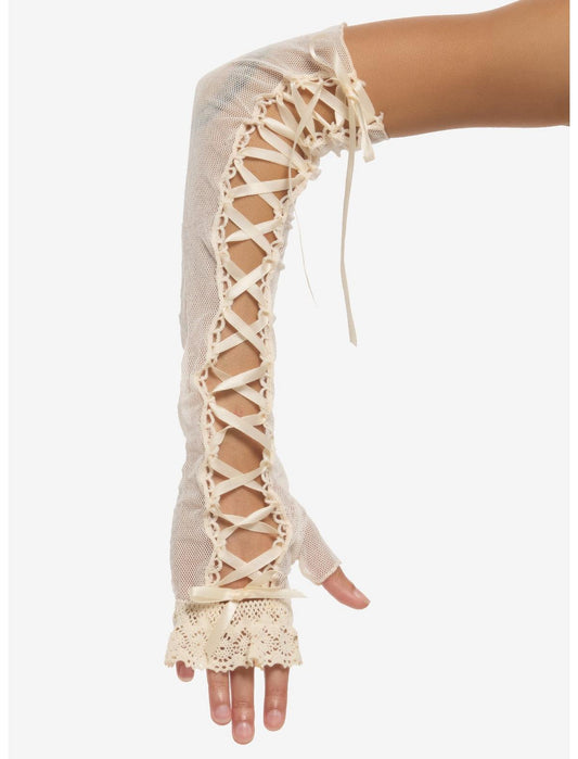 Cream Ribbon Lace-Up Arm Warmers - US 3072