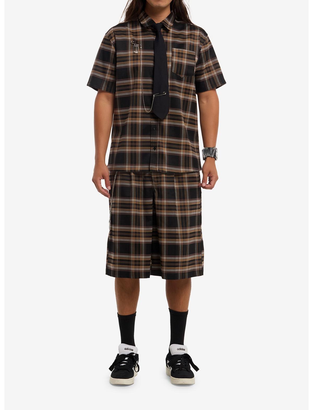 Brown & Black Plaid Woven Button-Up With Tie - US 0707