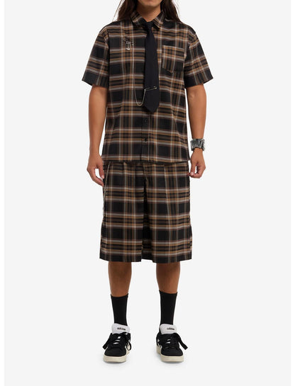 Brown & Black Plaid Woven Button-Up With Tie - US 0707