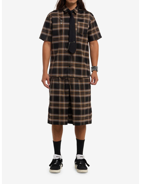 Brown & Black Plaid Woven Button-Up With Tie - US 0707