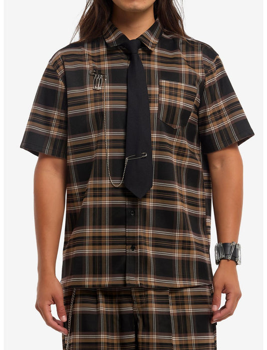 Brown & Black Plaid Woven Button-Up With Tie - US 0707