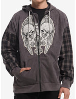 Grey Plaid Skull Wing Cross Hoodie - US 5804