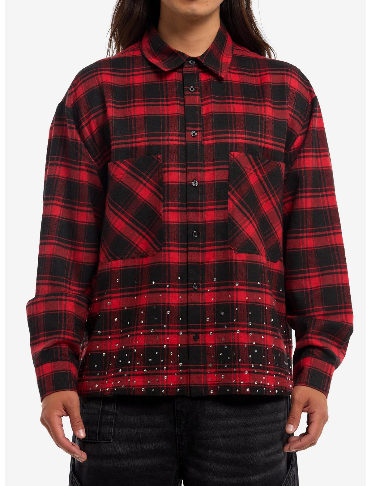 Antisocial Rhinestone Red Plaid Woven Button-Up - US 4403