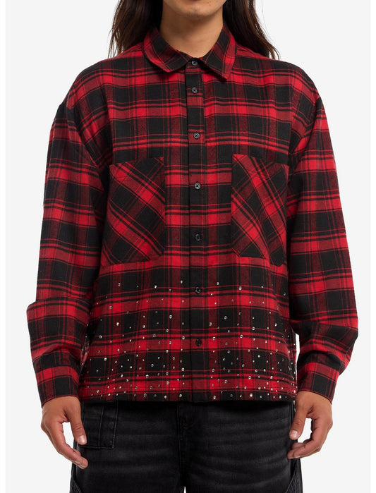 Antisocial Rhinestone Red Plaid Woven Button-Up - US 4403
