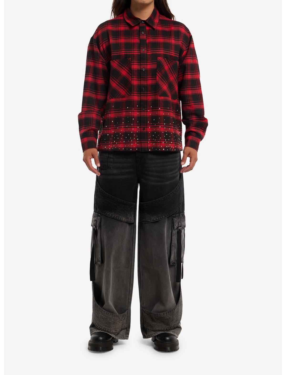 Antisocial Rhinestone Red Plaid Woven Button-Up - US 4403