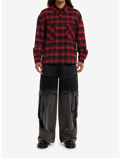 Antisocial Rhinestone Red Plaid Woven Button-Up - US 4403