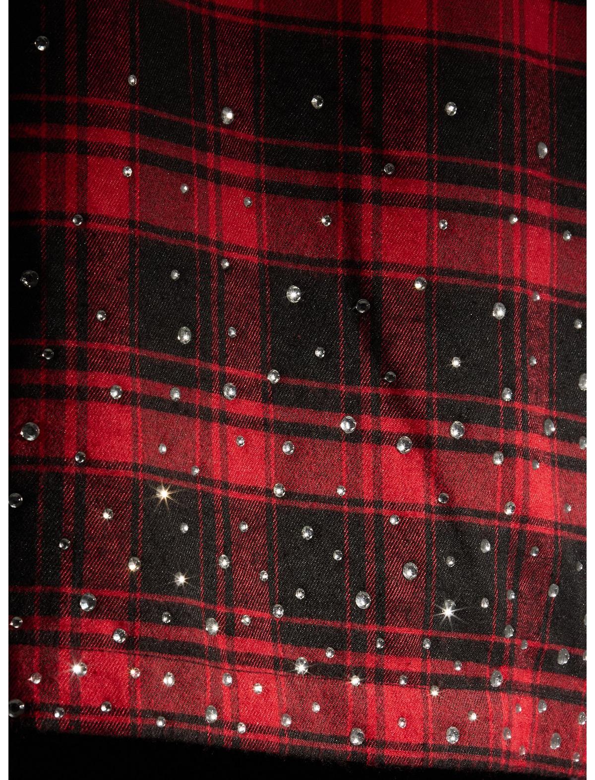 Antisocial Rhinestone Red Plaid Woven Button-Up - US 4403