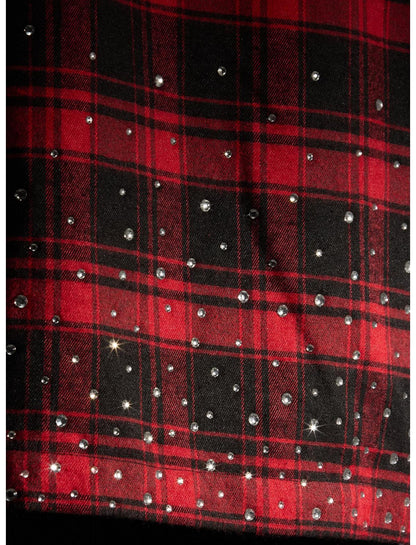 Antisocial Rhinestone Red Plaid Woven Button-Up - US 4403