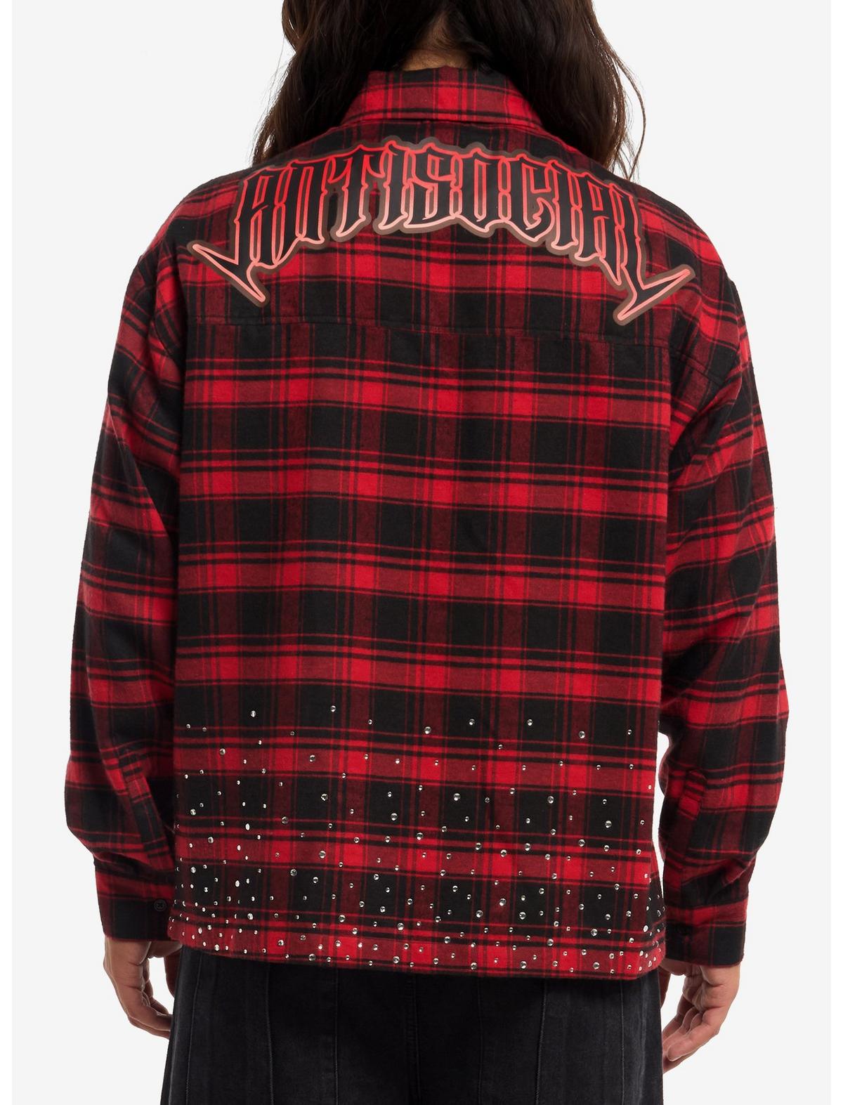 Antisocial Rhinestone Red Plaid Woven Button-Up - US 4403