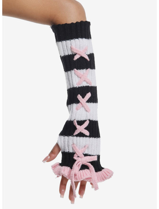 Black & White Stripe Pink Lace-Up Ruffle Arm Warmers - US 5269