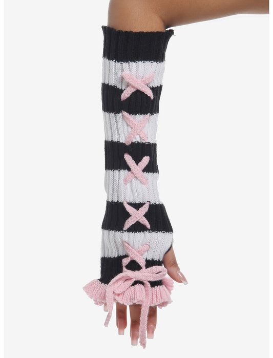 Black & White Stripe Pink Lace-Up Ruffle Arm Warmers - US 5269