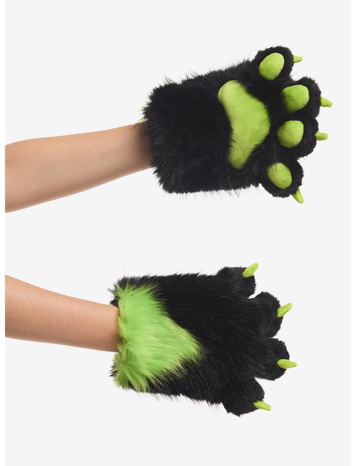 Green & Black Fuzzy Cat Paw Gloves - US 0732