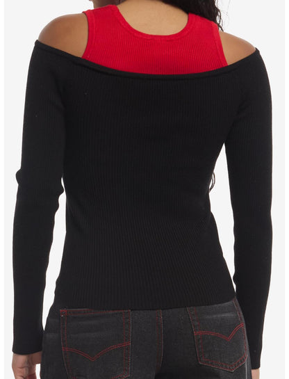 Black & Red Girls Cold-Shoulder Top - US 9312