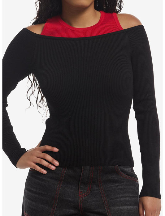 Black & Red Girls Cold-Shoulder Top - US 9312