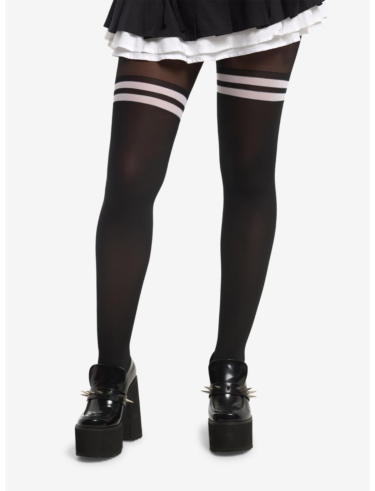 Black & White Varsity Stripe Faux Thigh High Tights - US 4324