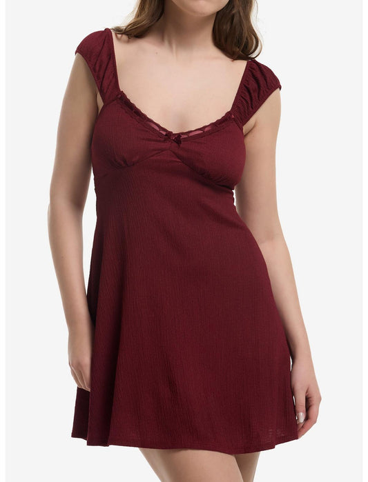 Burgundy Satin Bow Mini Dress - US 4987