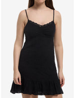 Black Crinkle Lace Trim Mini Dress - US 2952
