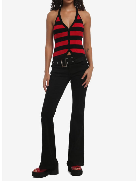Black & Red Stripe Knit Girls Halter Top - US 8416