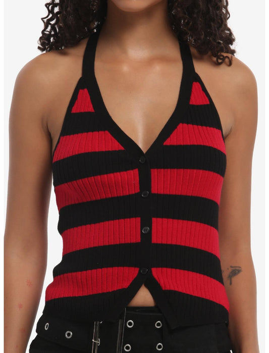 Black & Red Stripe Knit Girls Halter Top - US 8416