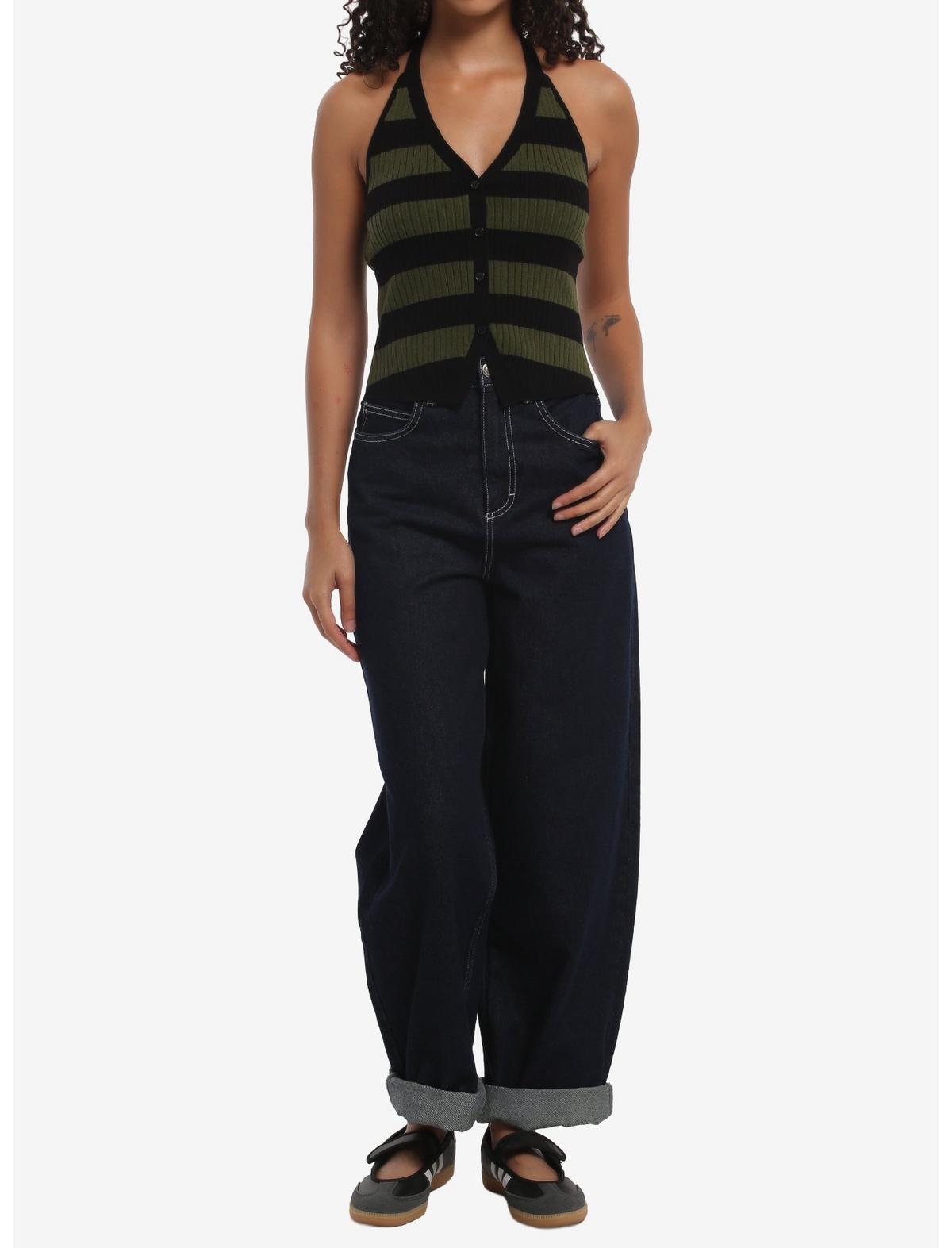 Black & Green Stripe Knit Girls Halter Top - US 5796