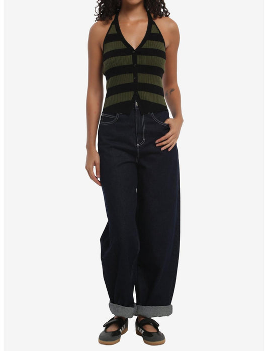 Black & Green Stripe Knit Girls Halter Top - US 5796