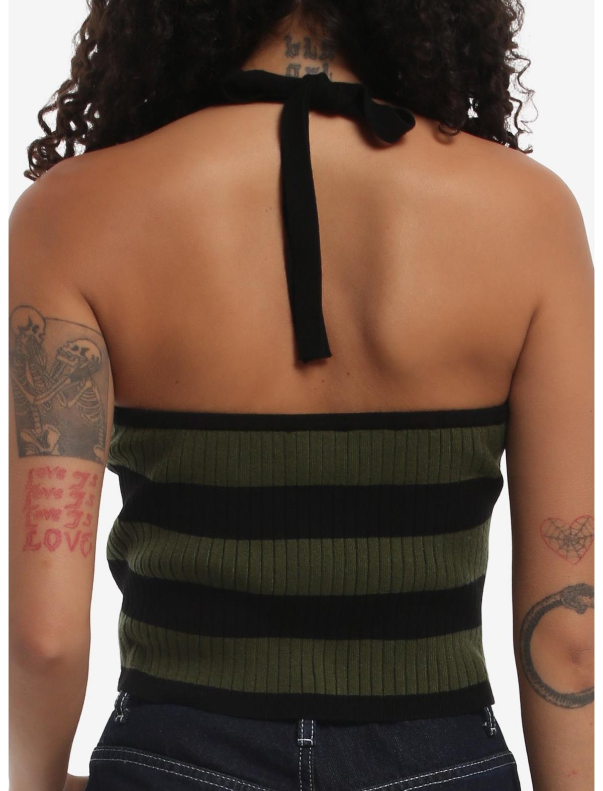 Black & Green Stripe Knit Girls Halter Top - US 5796