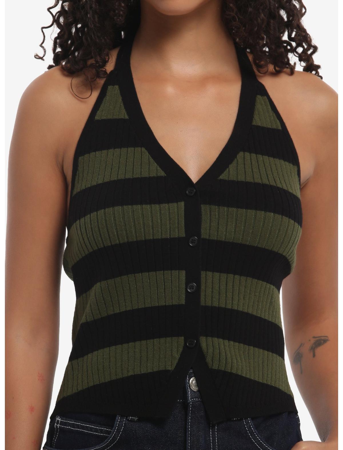 Black & Green Stripe Knit Girls Halter Top - US 5796