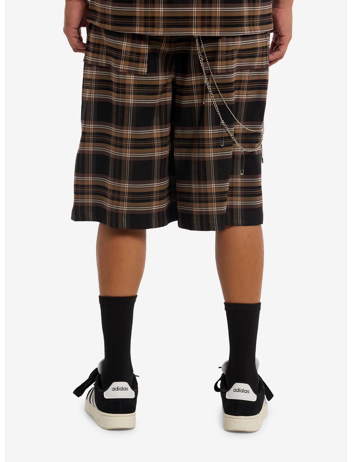 Brown & Black Plaid Shorts With Side Chain - US 0576
