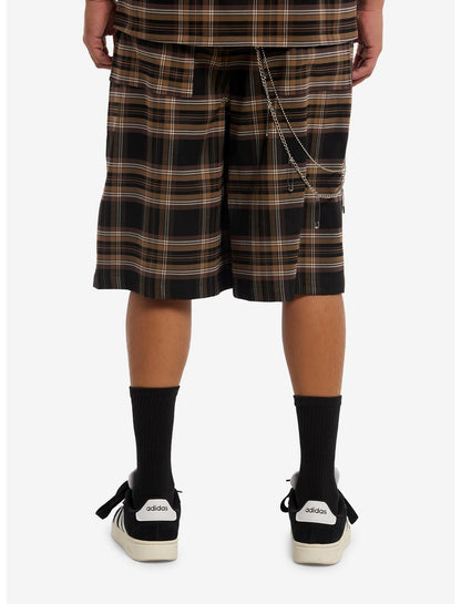 Brown & Black Plaid Shorts With Side Chain - US 0576
