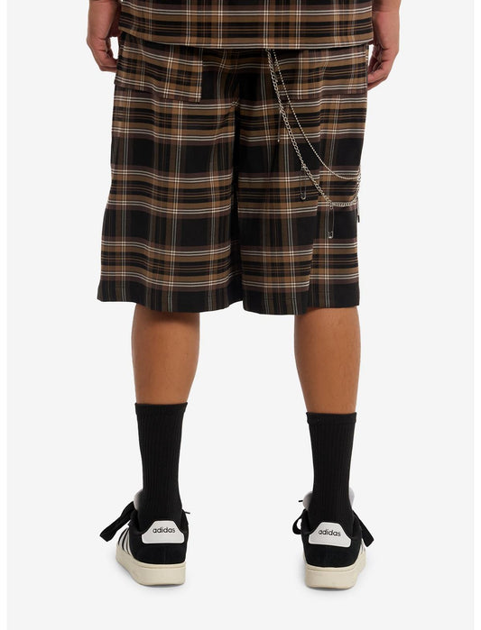 Brown & Black Plaid Shorts With Side Chain - US 0576