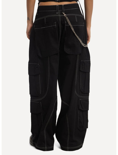 Black & White Contrast Stitch Side Chain Cargo Pants - US 2318