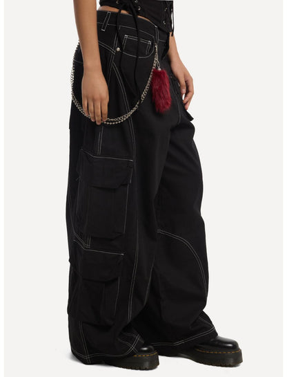 Black & White Contrast Stitch Side Chain Cargo Pants - US 2318