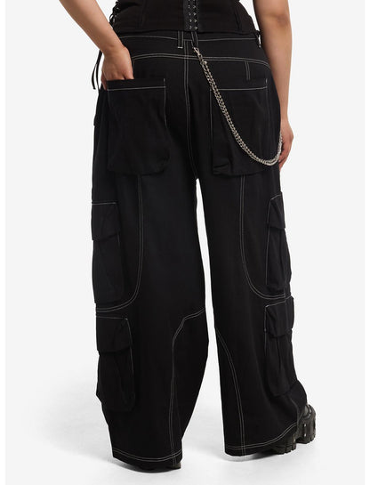 Black & White Contrast Stitch Side Chain Cargo Pants Plus Size - US 8297