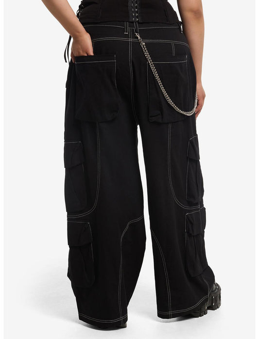 Black & White Contrast Stitch Side Chain Cargo Pants Plus Size - US 8297