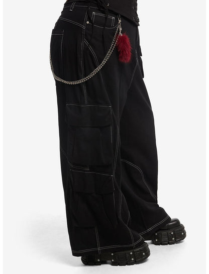 Black & White Contrast Stitch Side Chain Cargo Pants Plus Size - US 8297